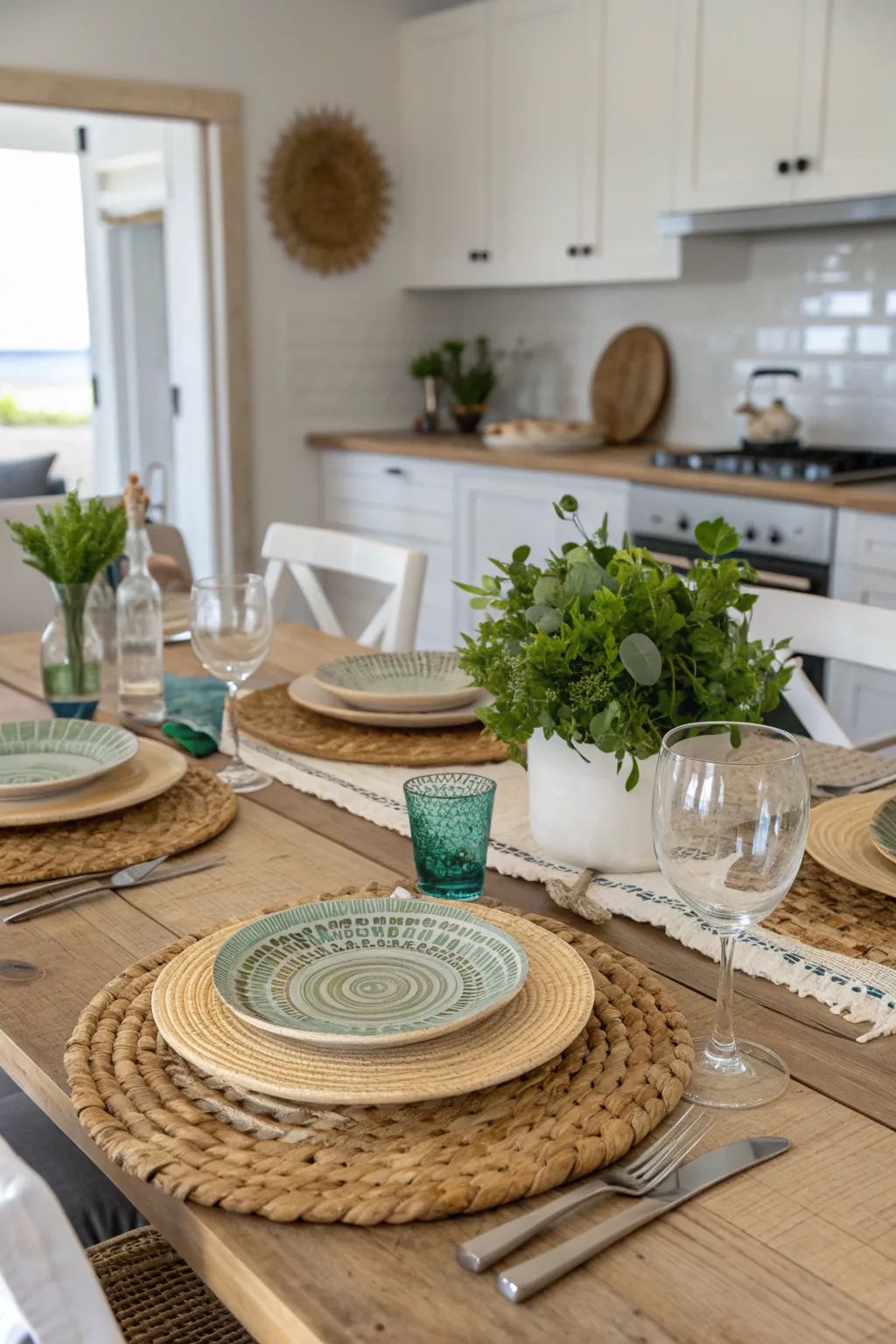 A dining table in a coastal kitchen set with natural fiber mats, colorful plates, and fresh greenery, creating a warm atmosphere.
