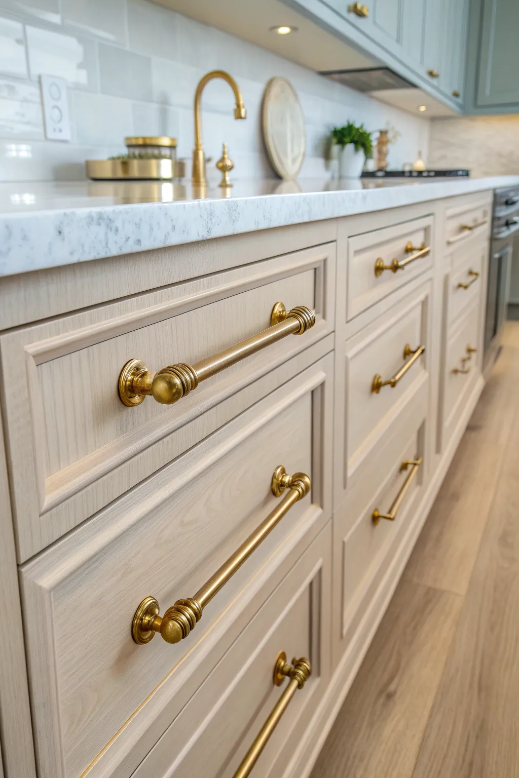 Close-up of unique brushed brass cabinet hardware in a coastal kitchen, adding warmth and elegance to the decor.