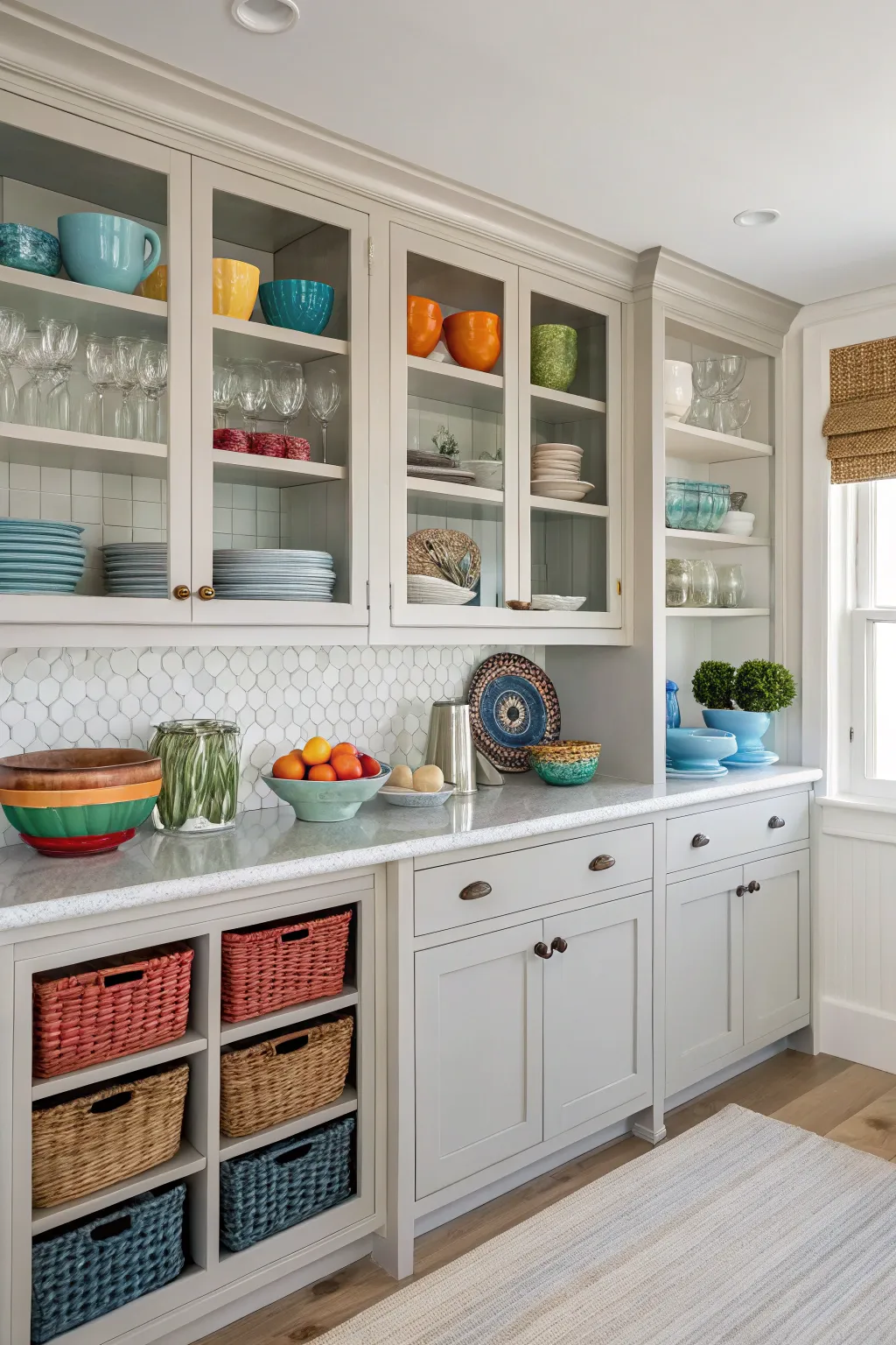 A coastal kitchen with a mix of open and closed storage, showcasing colorful dishware and decor for a functional yet stylish look.