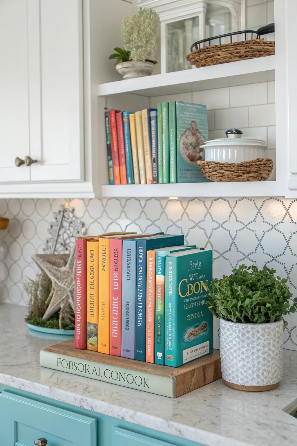 A coastal kitchen with a personalized cookbook display, showcasing colorful books and decorative elements for a homey feel.