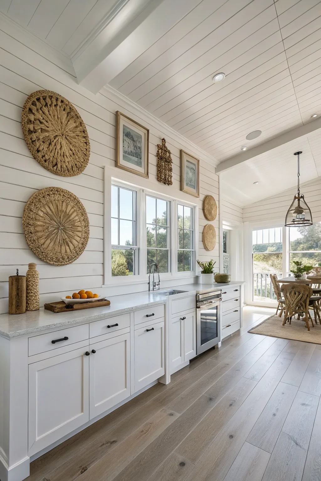 A coastal boho kitchen with textured wall decor featuring woven hangings and natural elements.