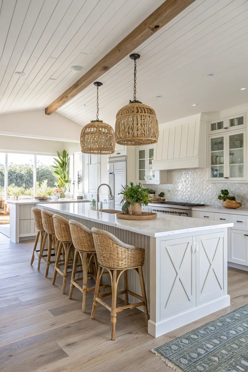 A coastal kitchen with a functional island and stylish bar stools, designed for gatherings.