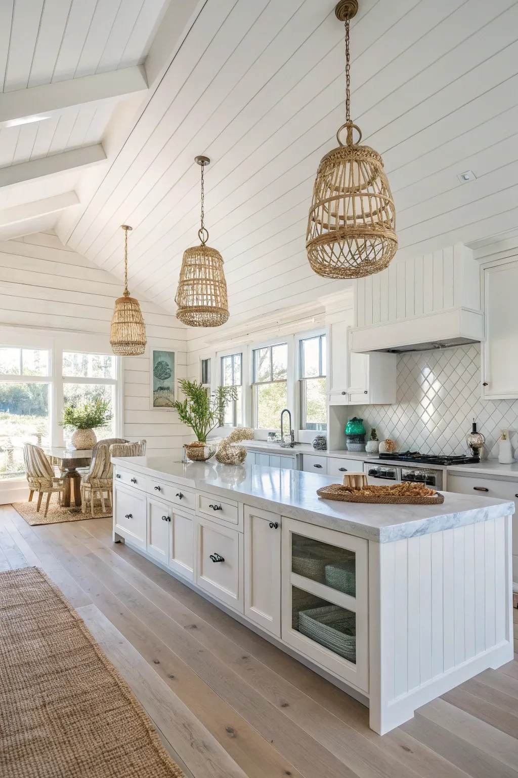 Coastal kitchen with light fixtures inspired by nautical elements, enhancing the decor.