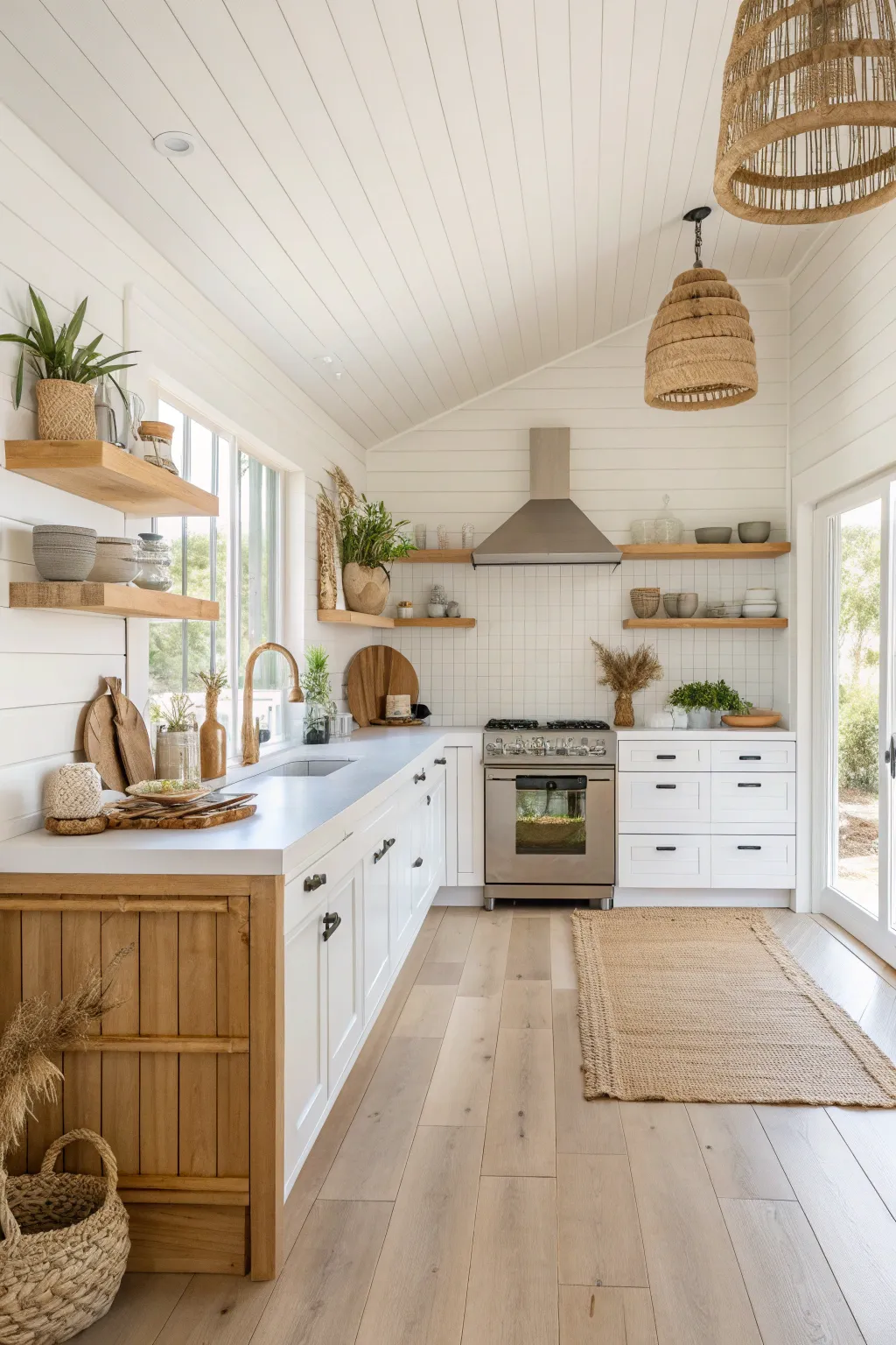 A coastal kitchen featuring bamboo elements like cutting boards and utensils, connecting with nature.