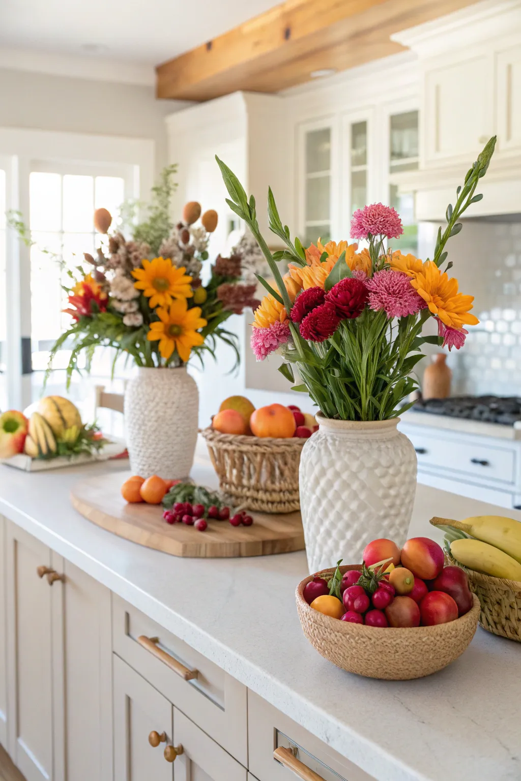 A coastal kitchen with seasonal decor on countertops, including flowers and fruits for vibrancy.