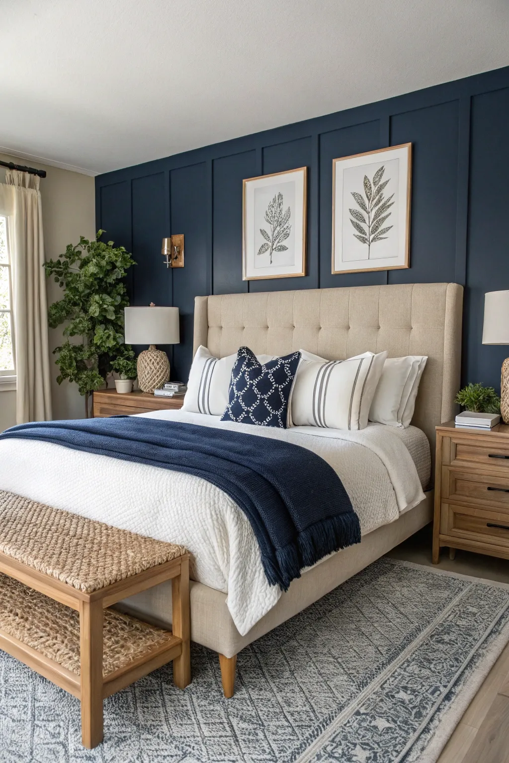 Cozy bedroom featuring a navy accent wall and beige bedding with stylish decor.