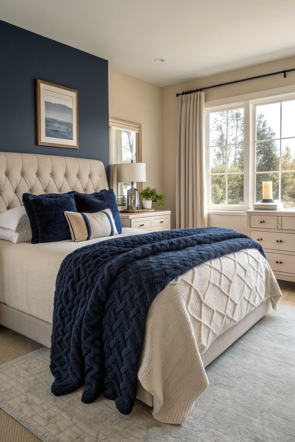 Bedroom with layered navy and cream textiles creating a cozy and inviting atmosphere.
