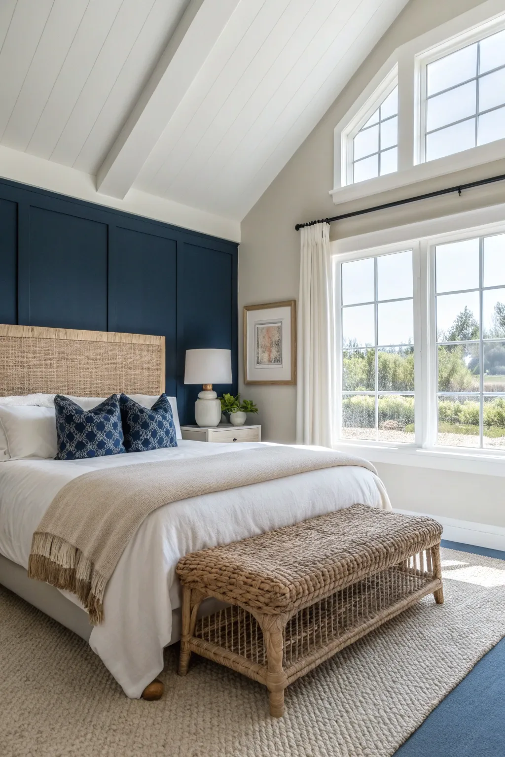 Stylish bedroom featuring a natural fiber bench at the foot of a light beige bed.