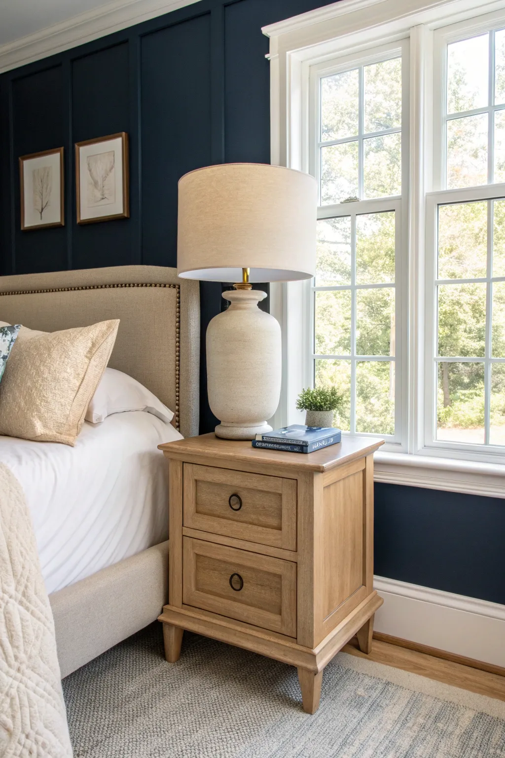 Charming bedroom featuring a light oak nightstand and ceramic lamp against a navy wall.