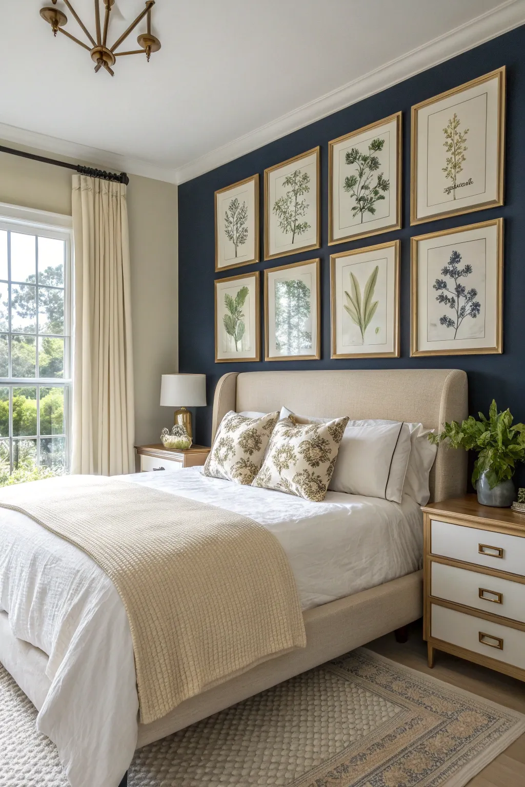 Elegant bedroom with botanical prints in gold frames above the headboard against a navy wall.