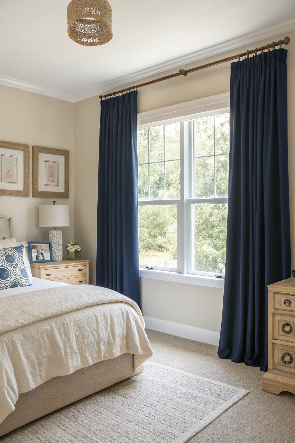Cozy bedroom featuring navy blackout curtains enhancing the inviting atmosphere.