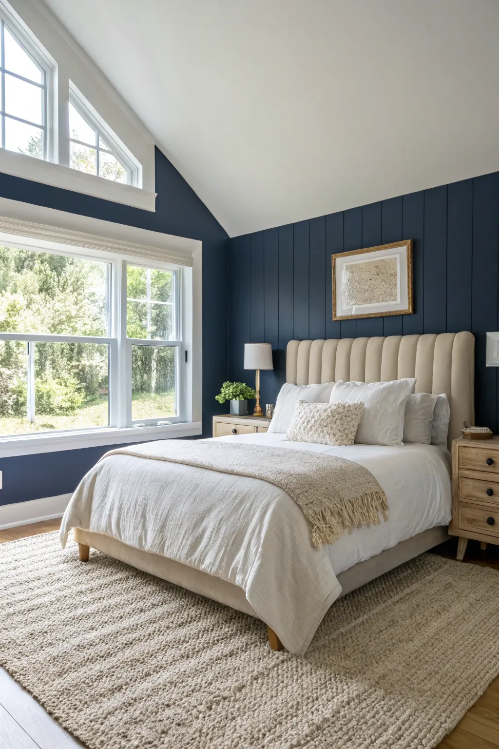 Warm bedroom featuring a textured oatmeal wool rug under a light beige bed.