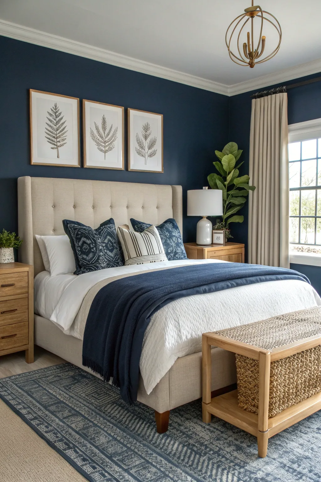 A cozy bedroom featuring a navy throw blanket draped over a bed with beige accents.