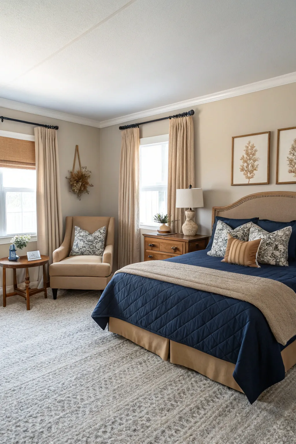 A stylish bedroom blending navy blue and tan accents with elegant furnishings.