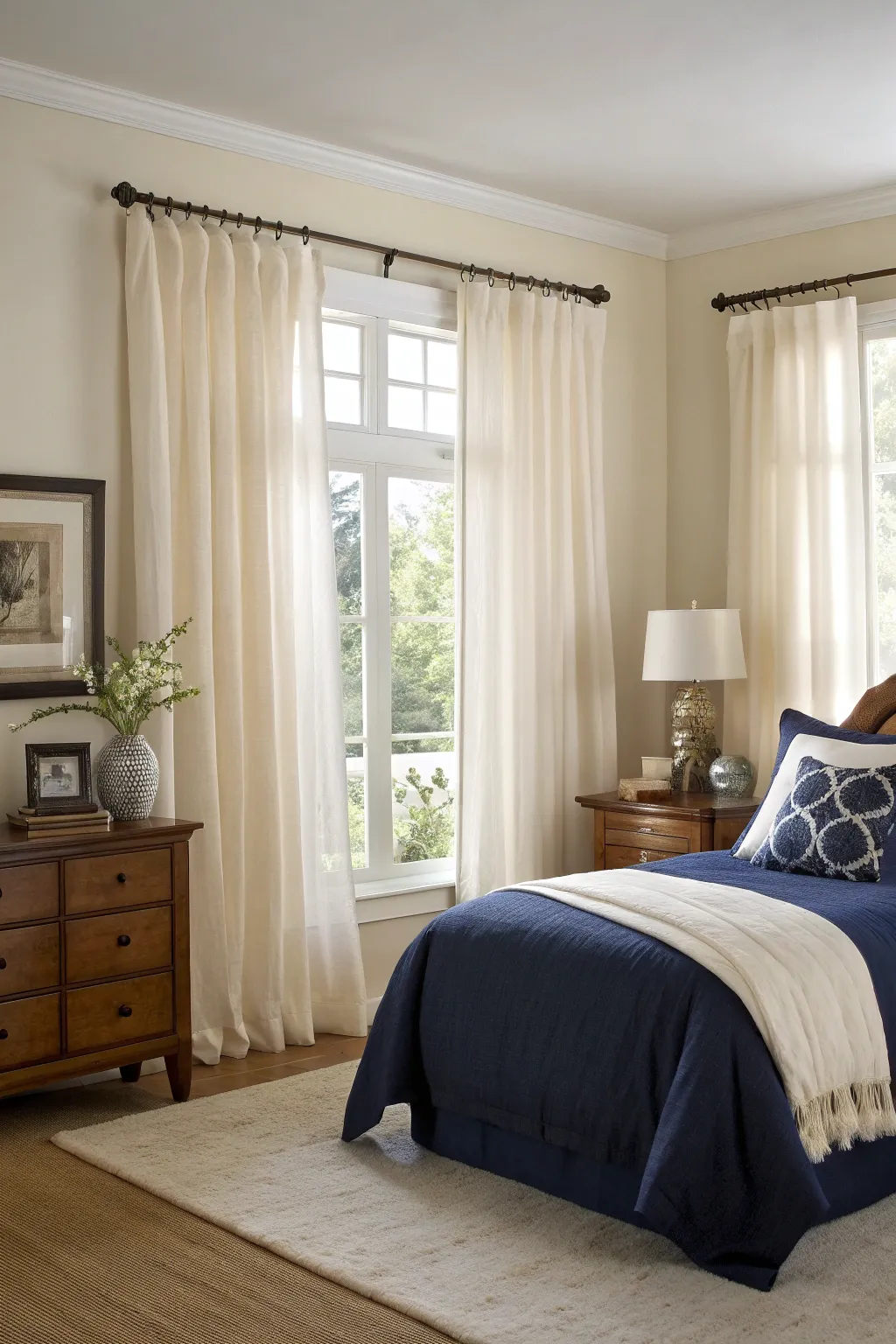 A serene bedroom featuring cream sheer curtains softening the navy and beige color palette.