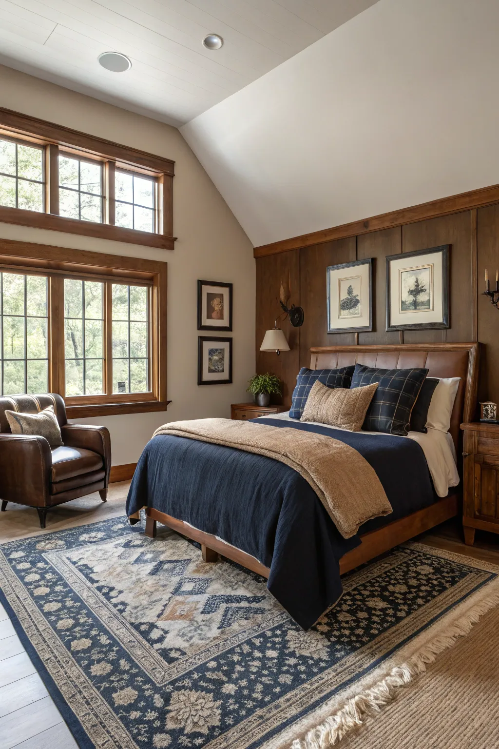A cozy bedroom featuring rich brown decor elements enhancing the navy and beige palette.