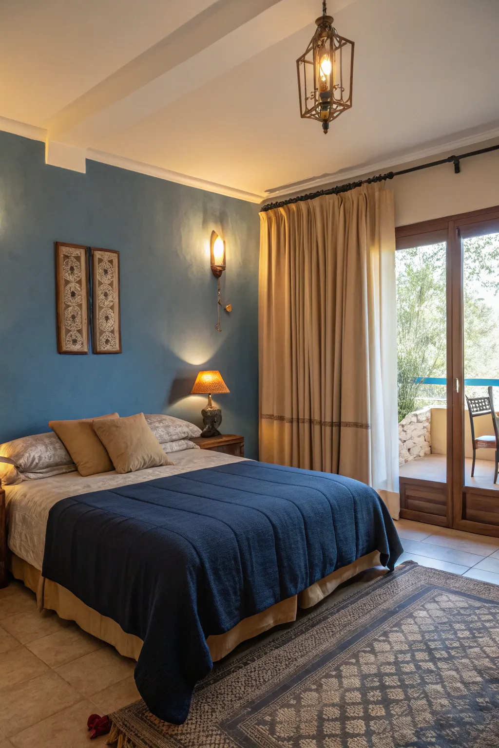 A tranquil bedroom featuring warm lighting enhancing the navy and tan color scheme.