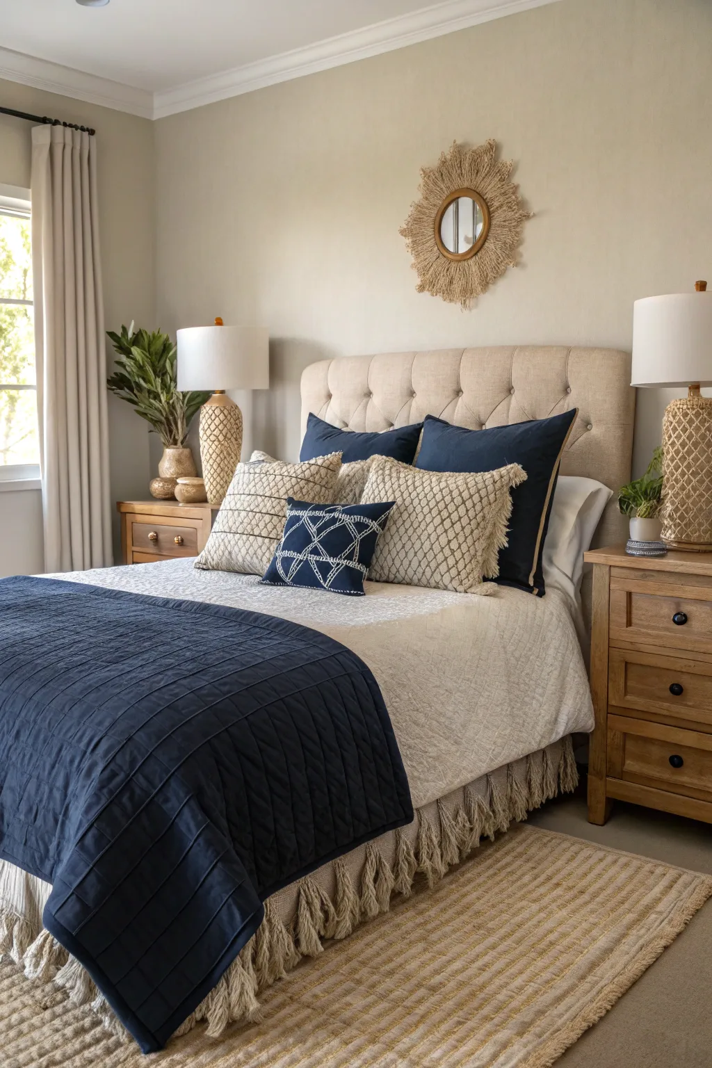 A chic bedroom showcasing a variety of accent pillows enhancing the navy and beige decor.