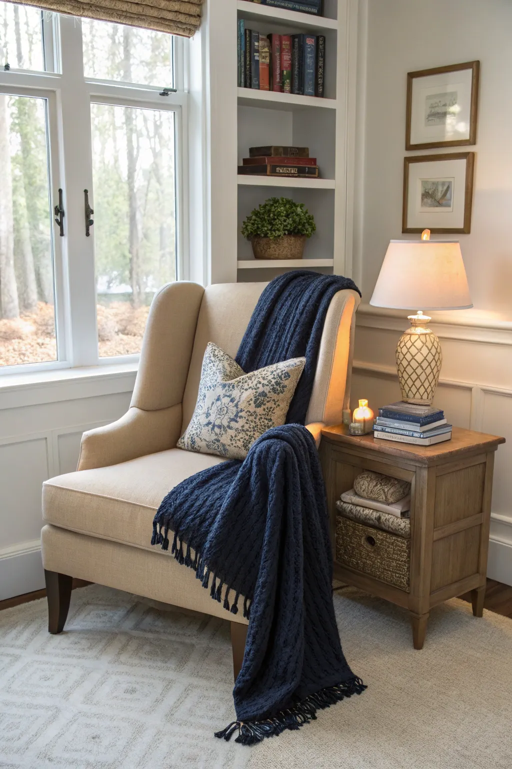 An inviting reading nook in a bedroom featuring a comfortable chair and decorative elements.