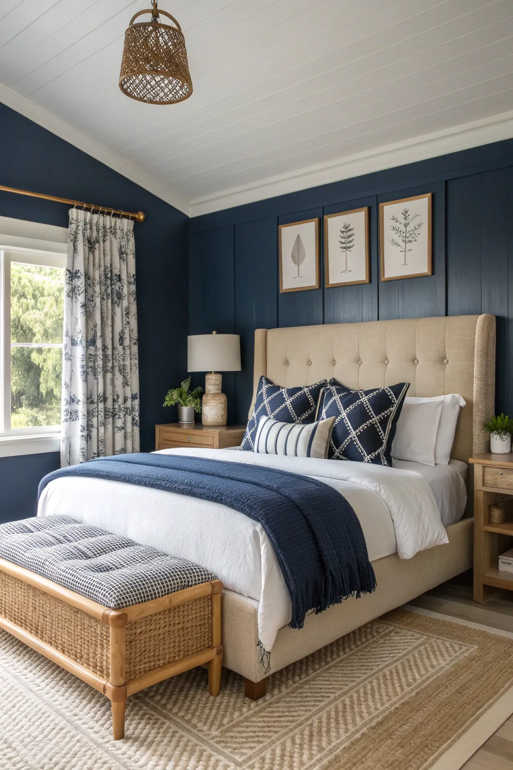 A cozy bedroom with a navy accent wall and rattan elements, showcasing a warm, inviting atmosphere.