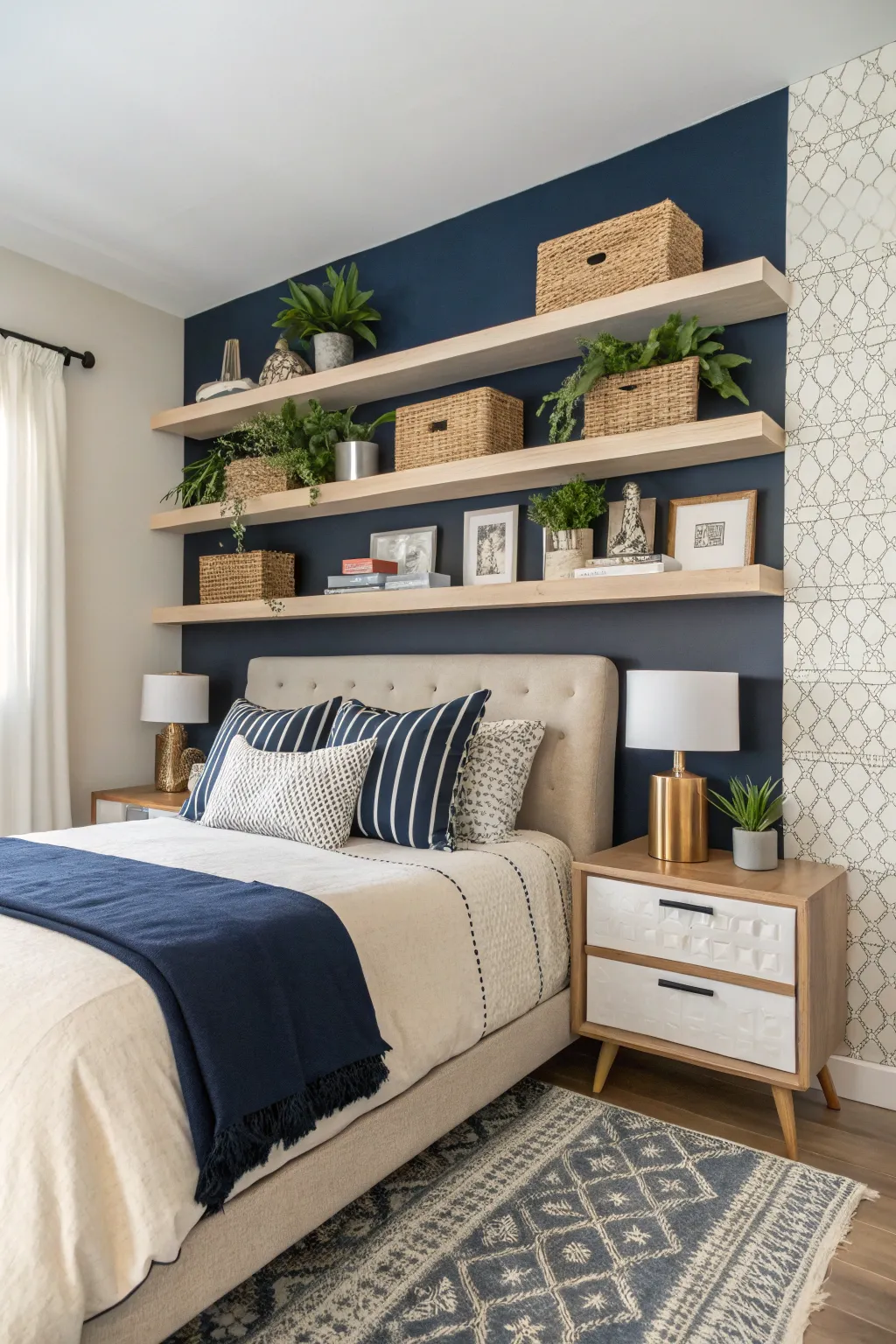 A stylish bedroom featuring wall shelves with decorative items in navy and beige tones.