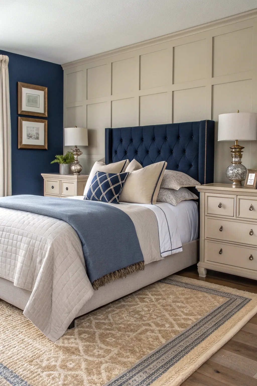 An elegant bedroom featuring soft gray and cream accents alongside navy and beige.