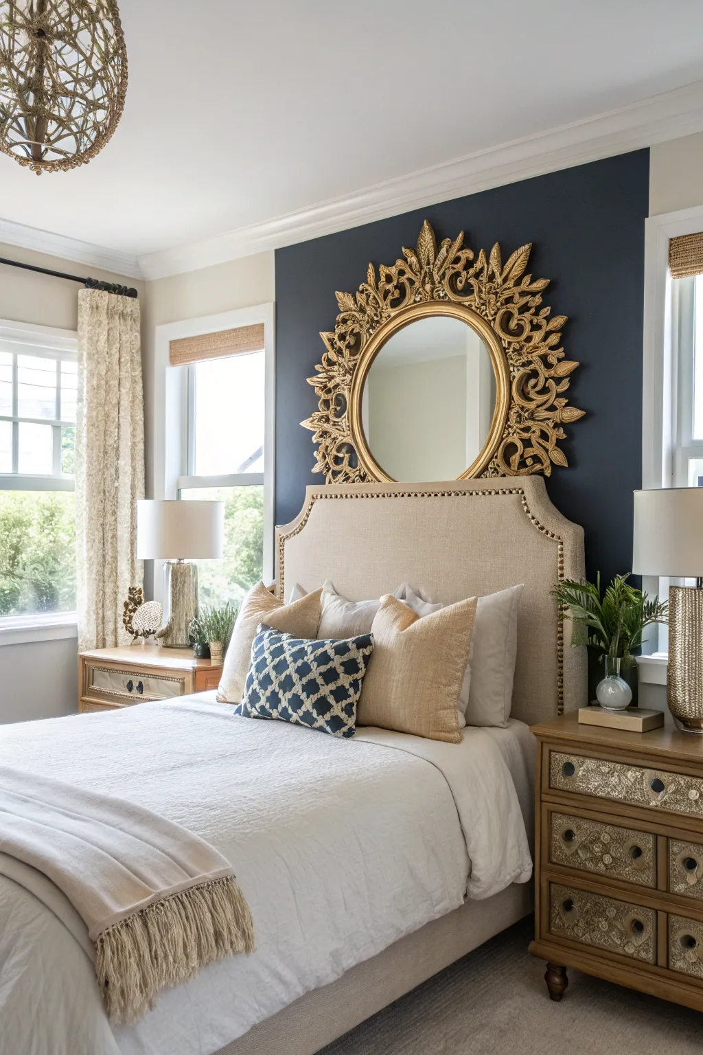 A stylish bedroom featuring a decorative mirror that enhances space and light.