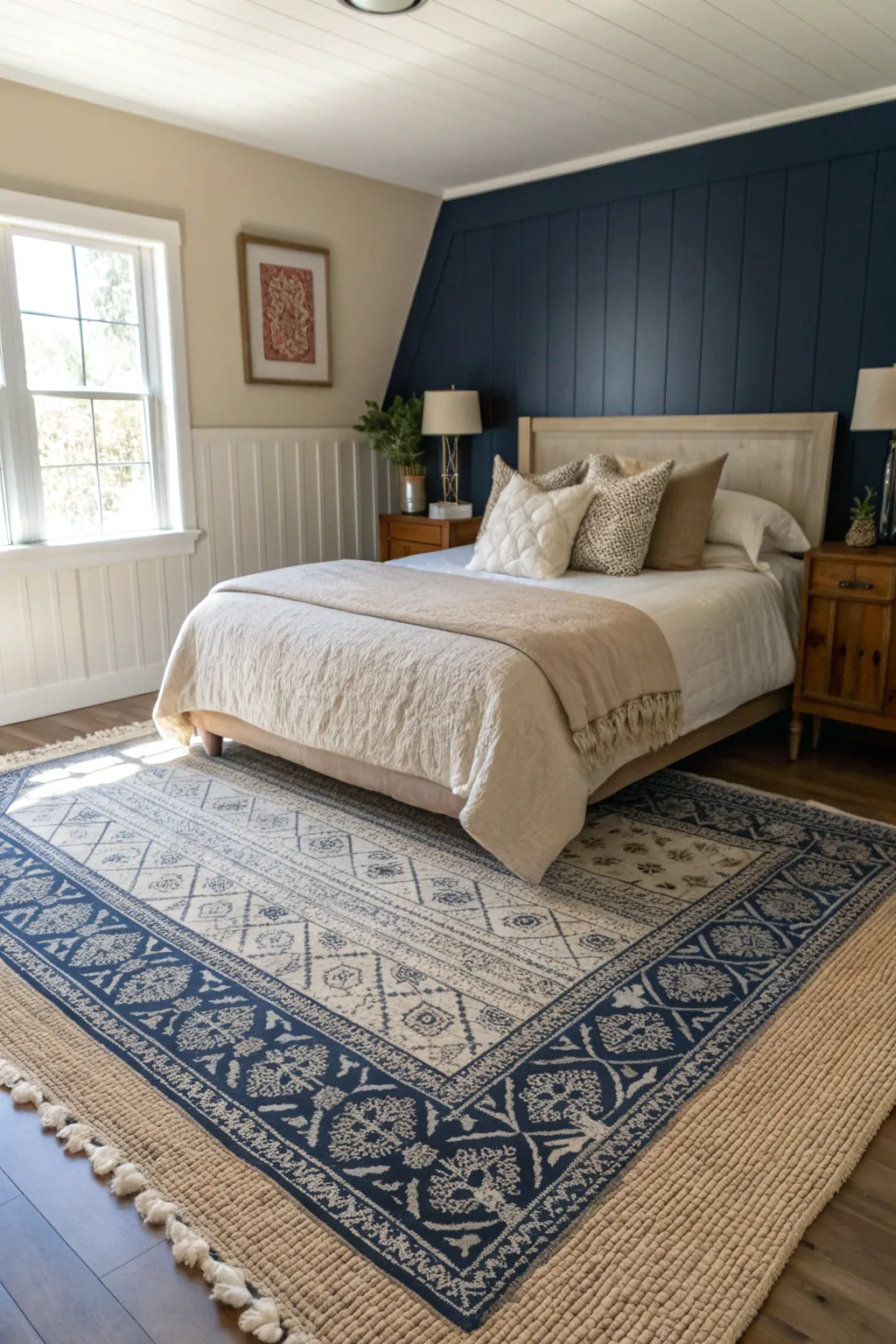 A cozy bedroom featuring layered rugs that add depth and texture.