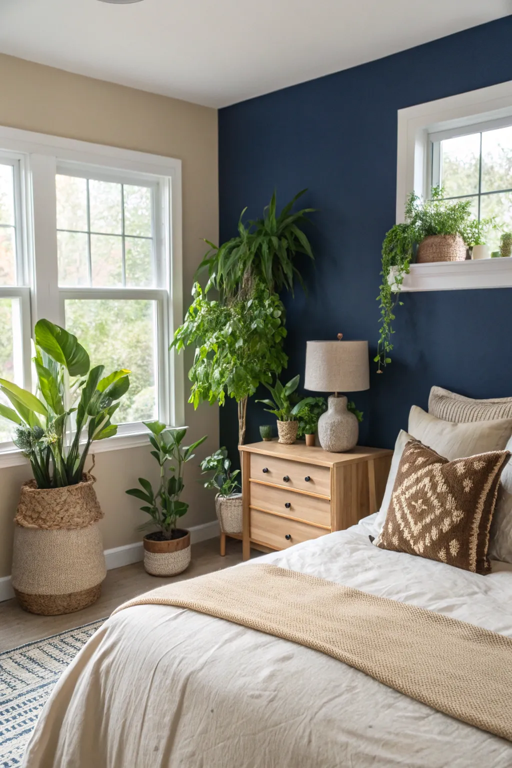 A vibrant bedroom featuring indoor plants that add a touch of greenery.