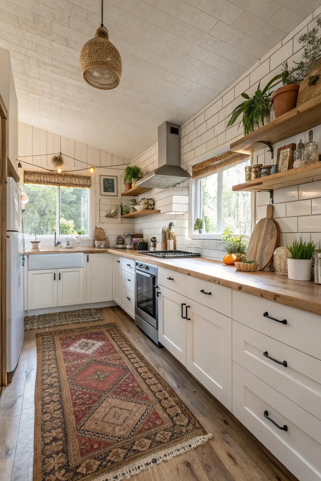 A matte white subway tile backsplash in a bright boho kitchen.