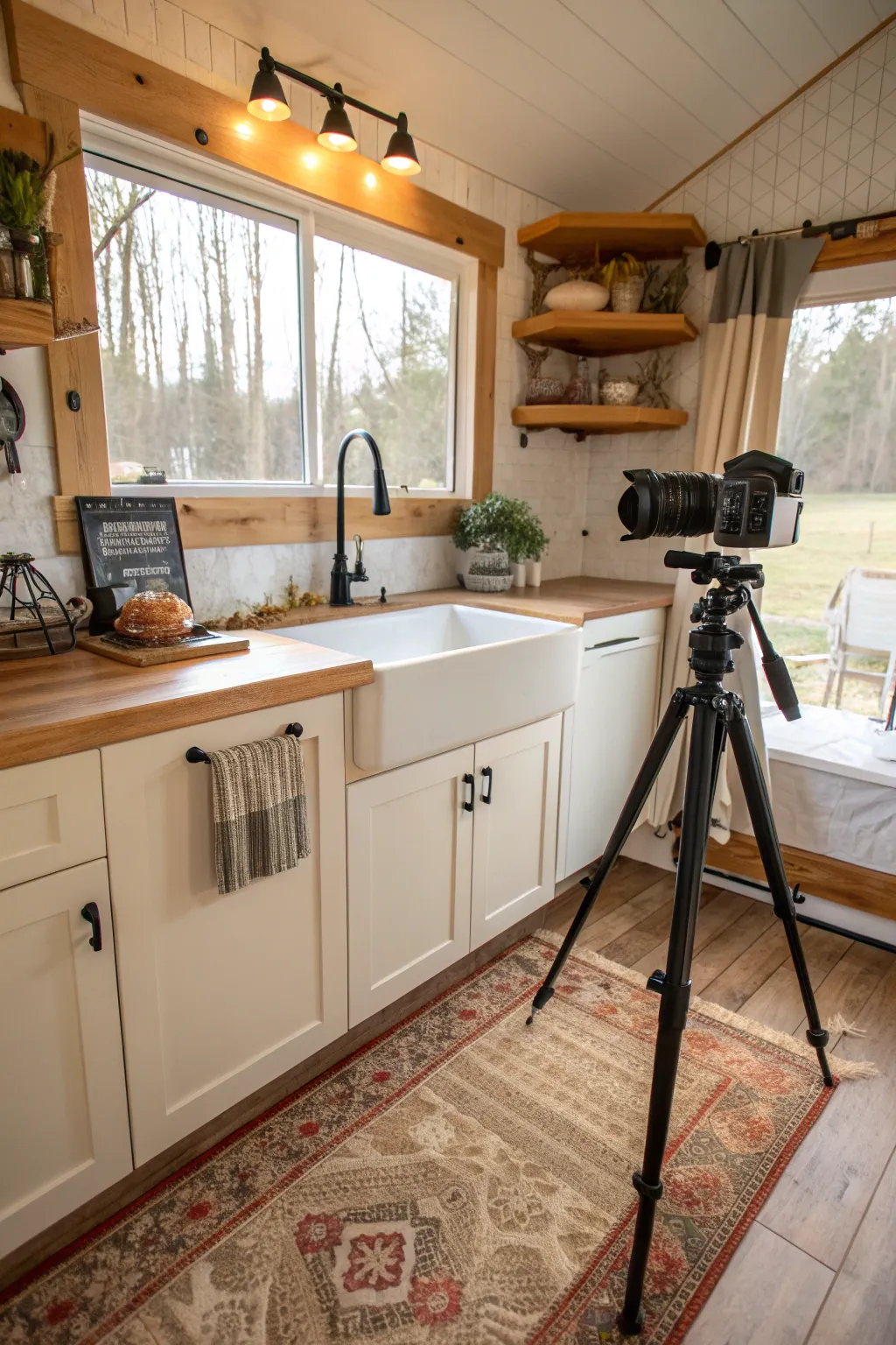 A farmhouse apron-front sink in a cozy boho kitchen.