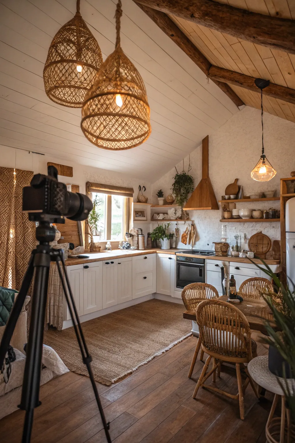 Woven rattan light fixtures illuminating a cozy boho kitchen.