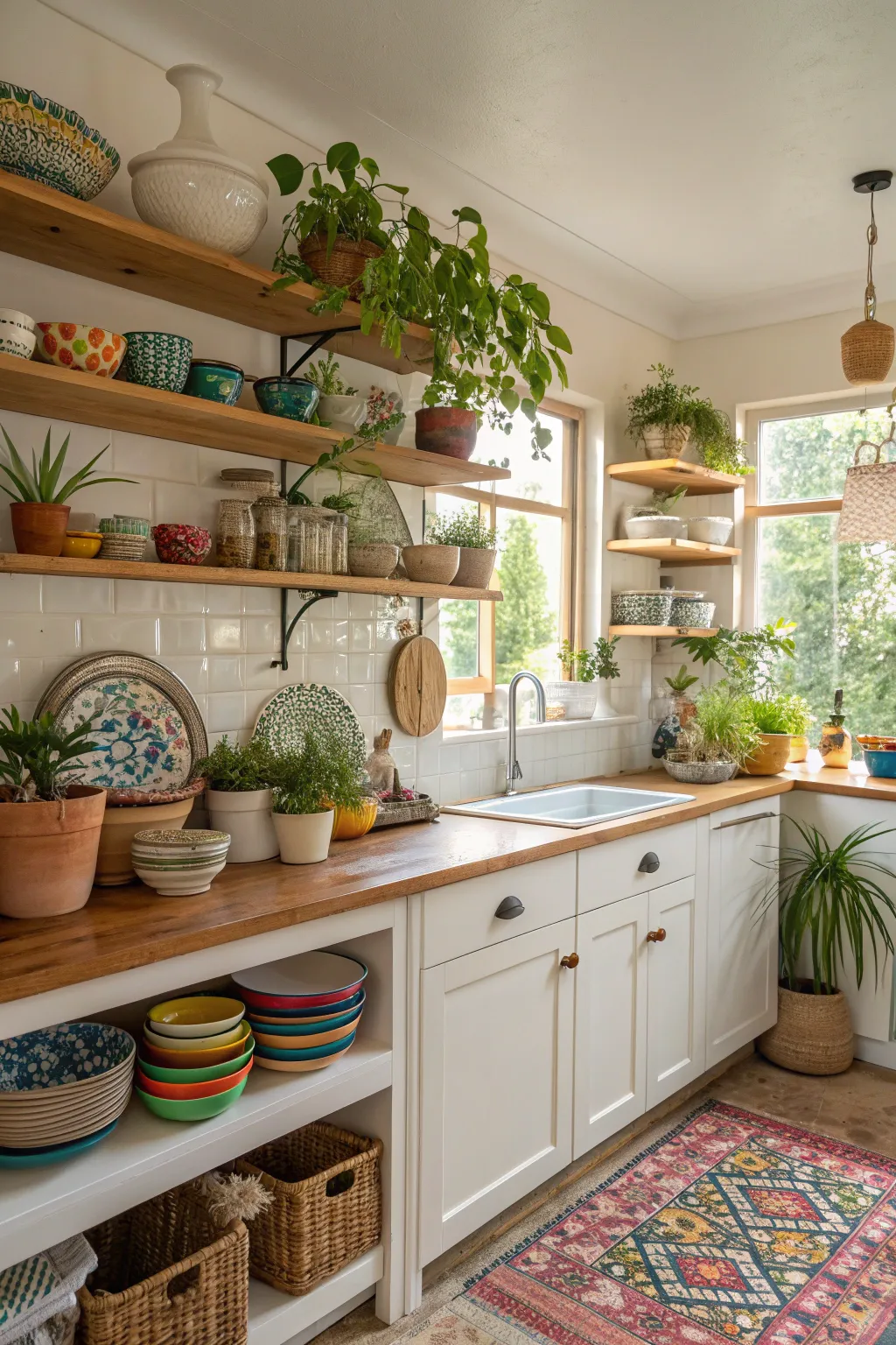 Open kitchen shelves filled with colorful dishware and plants in a boho style.