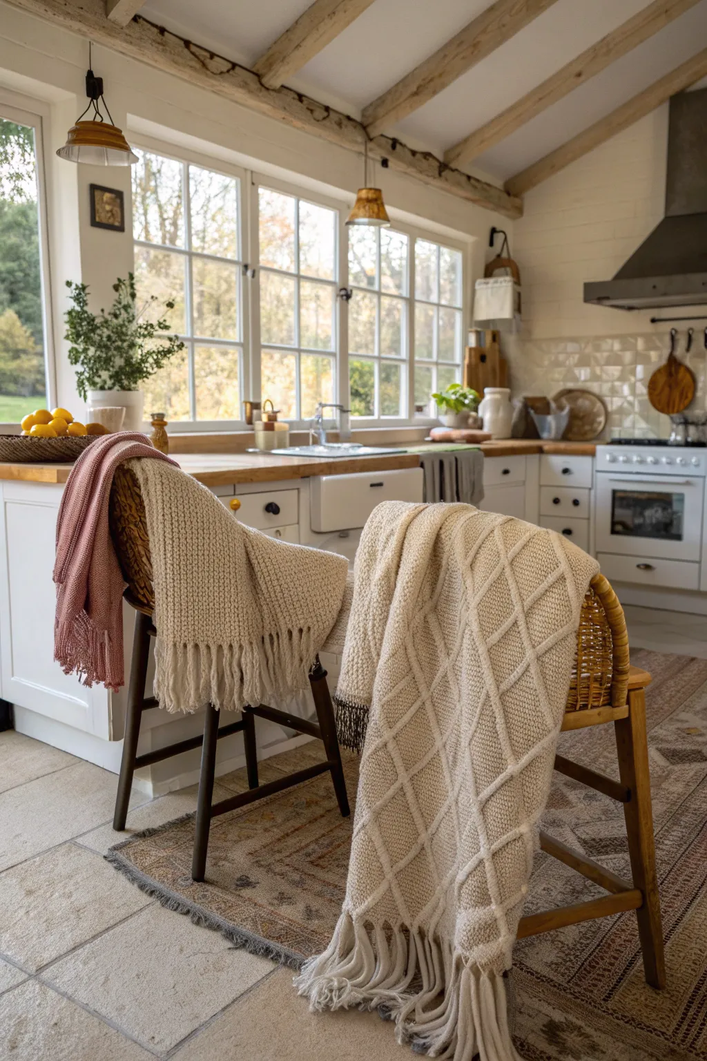 Kitchen chairs adorned with cozy throw blankets in a warm, inviting setting.