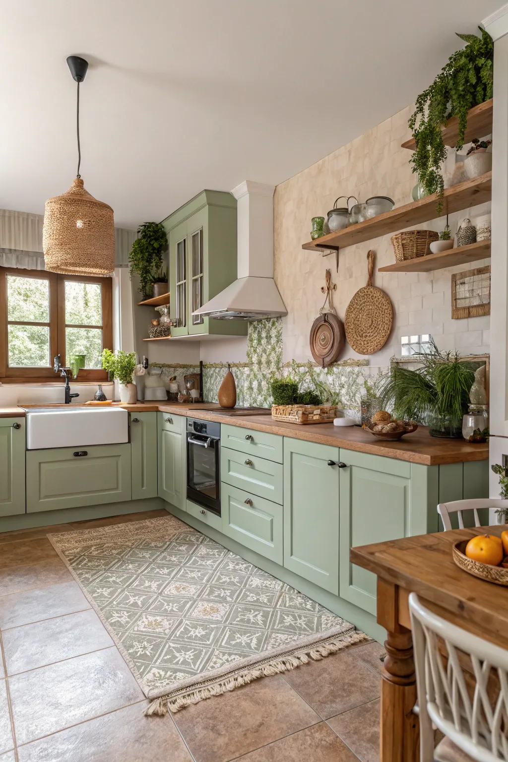 A tranquil kitchen featuring a muted earthy color palette in a boho style.