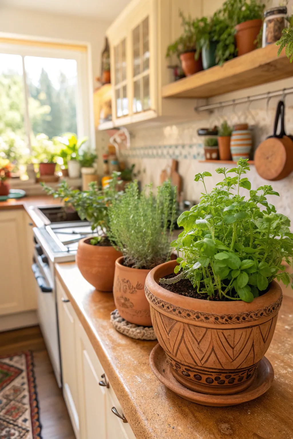 Terracotta planters filled with herbs and succulents in a cozy kitchen setting.