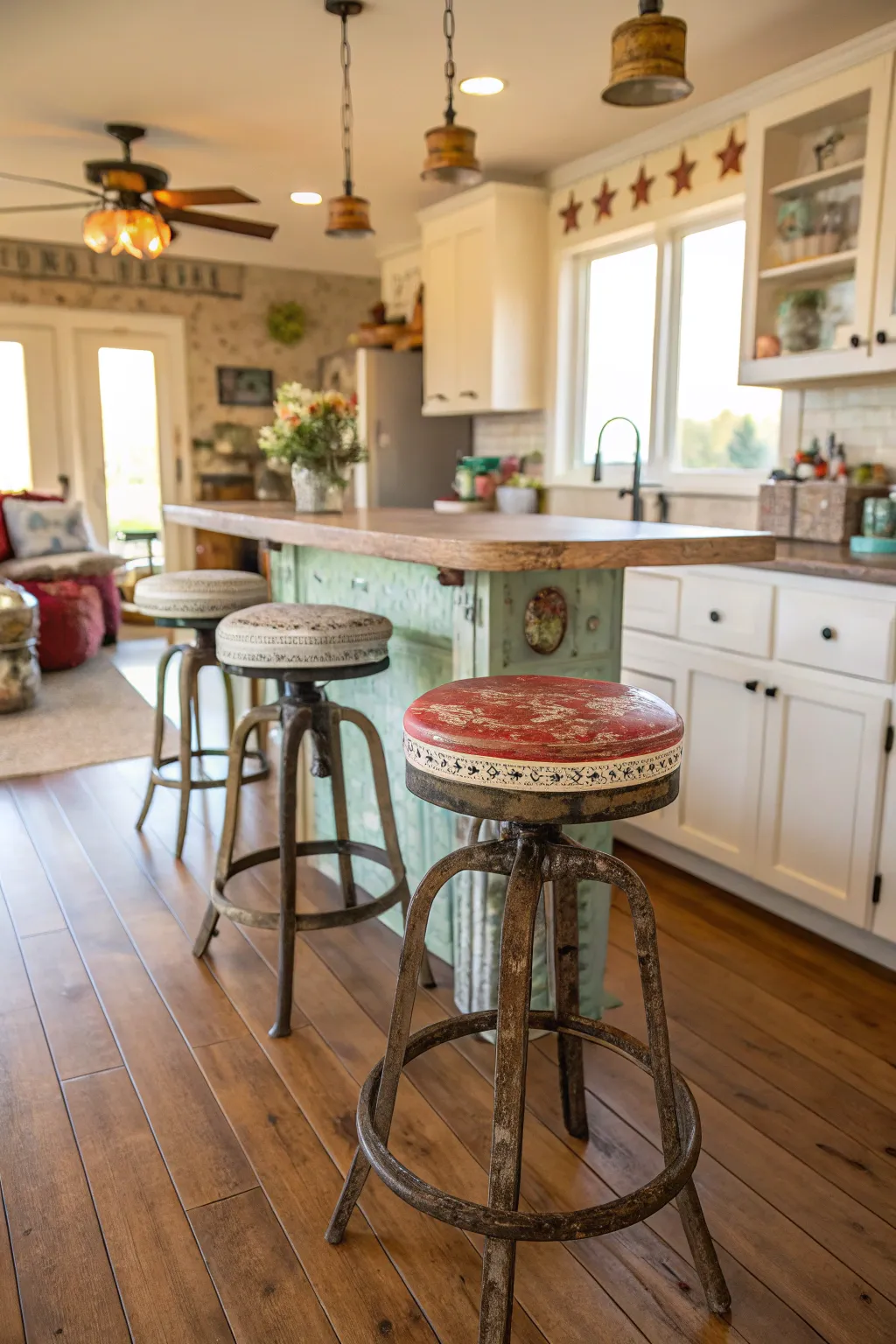 Vintage-style bar stools adding character to a cozy boho kitchen.