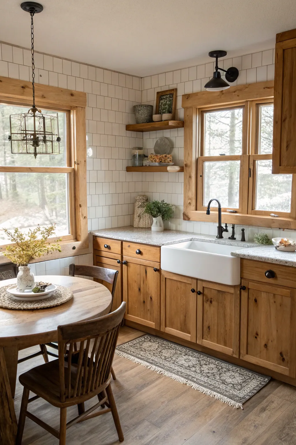 A cozy boho kitchen featuring natural wood cabinetry, a farmhouse sink, and plants.