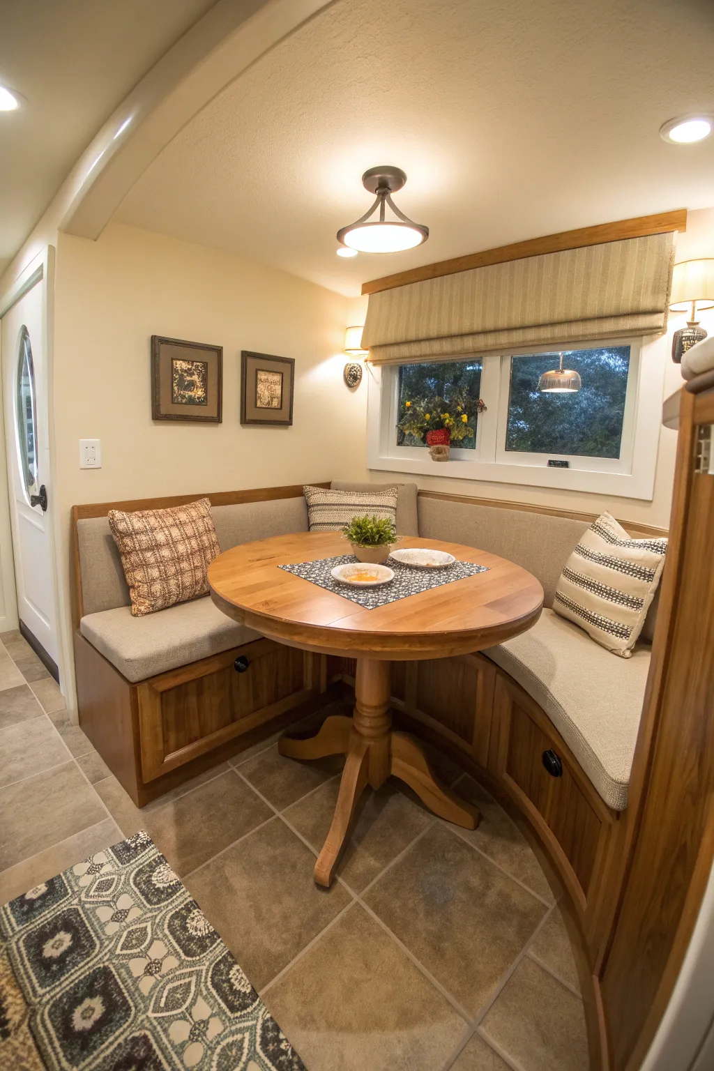 A cozy kitchen nook with a round table, cushions, and a small potted plant.