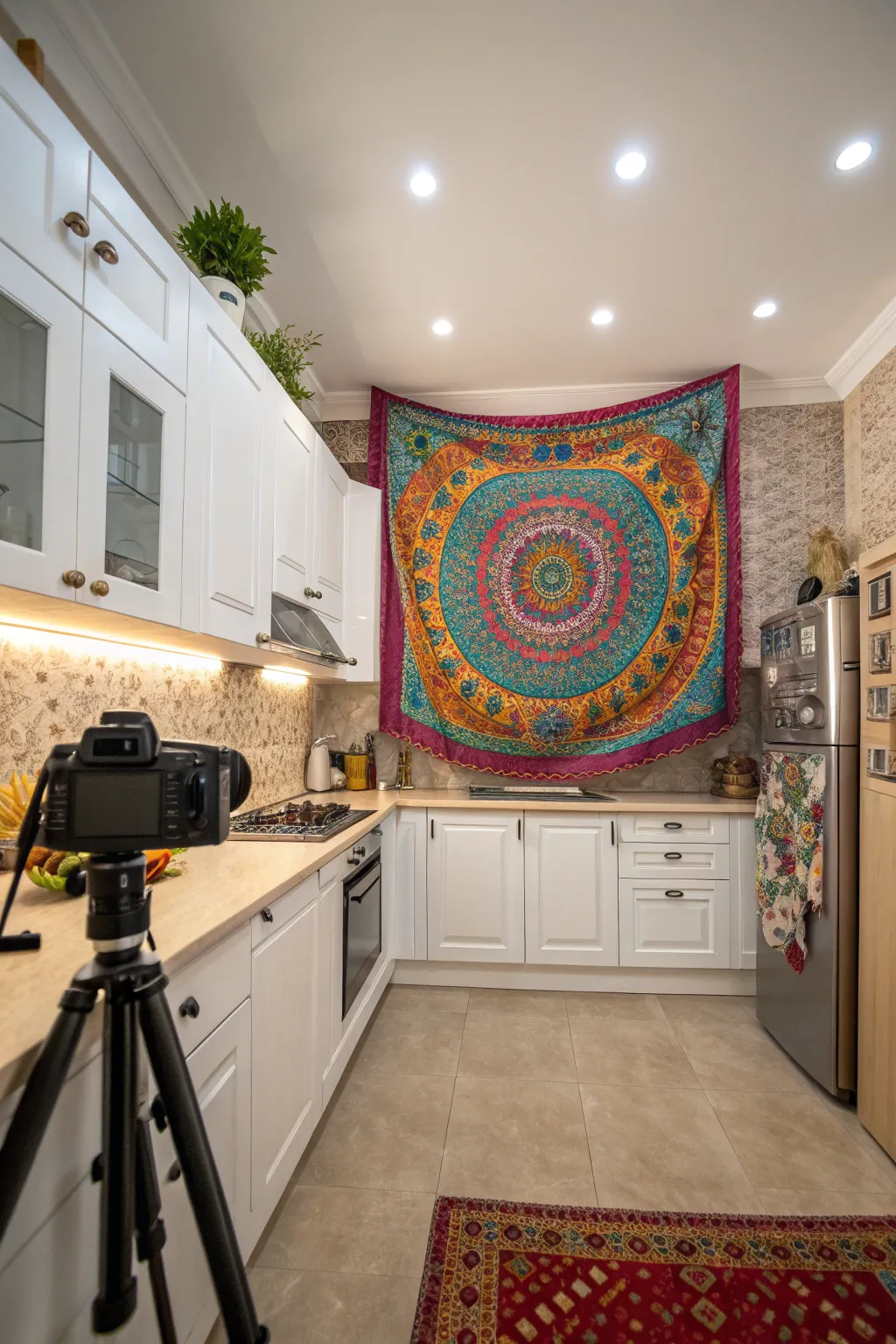A colorful tapestry on a kitchen accent wall, enhancing the bohemian style.