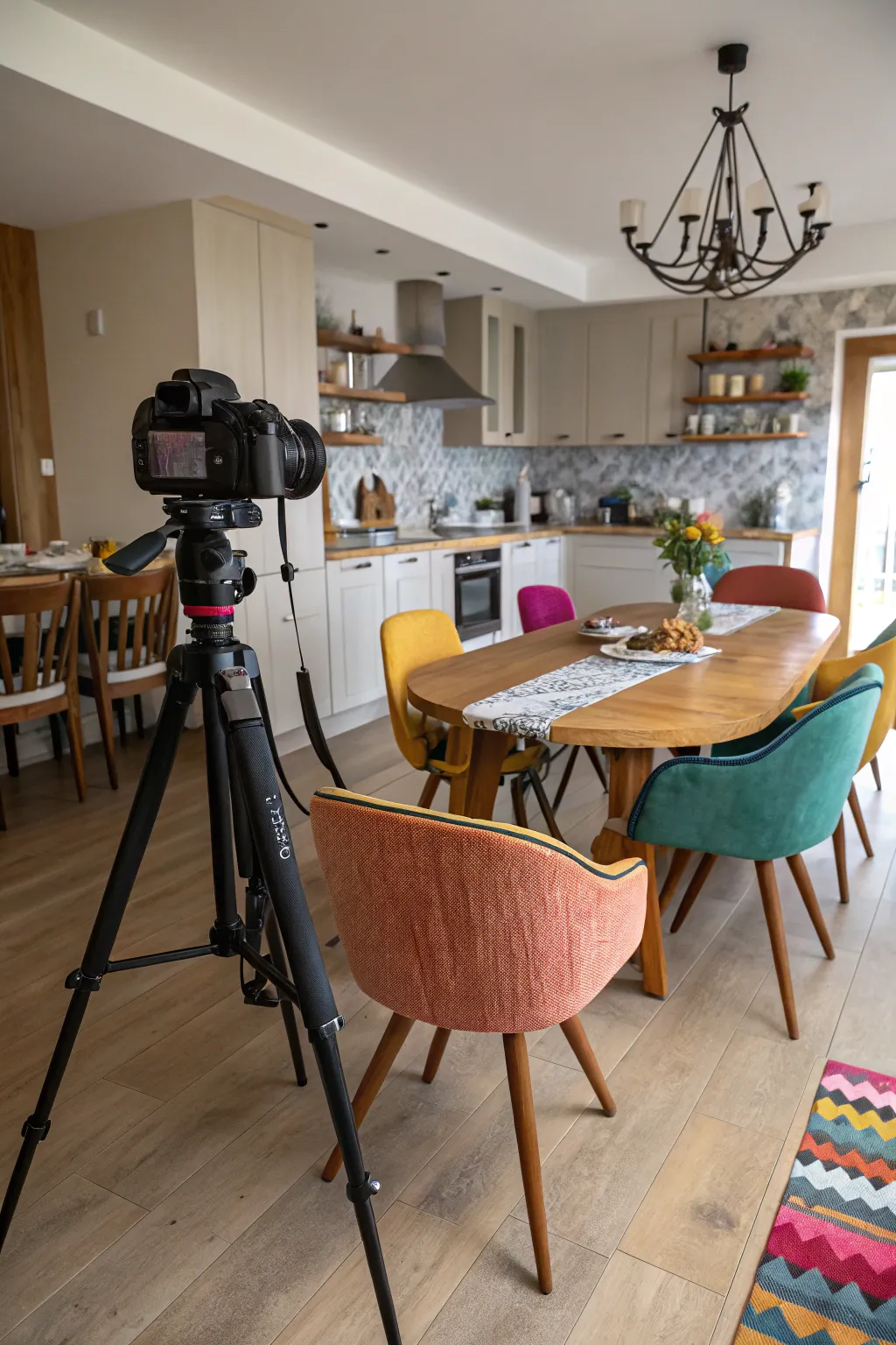 An eclectic dining area with a mix of colorful chairs around a rustic table.