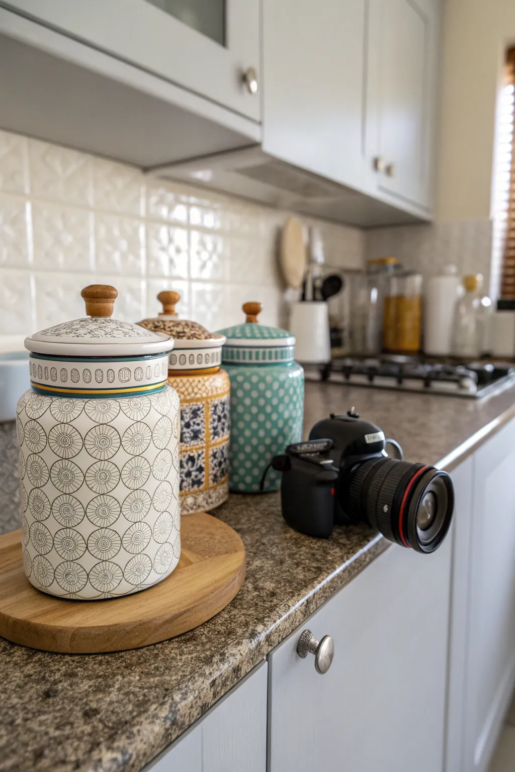 Decorative ceramic jars on a kitchen countertop, blending functionality with style.