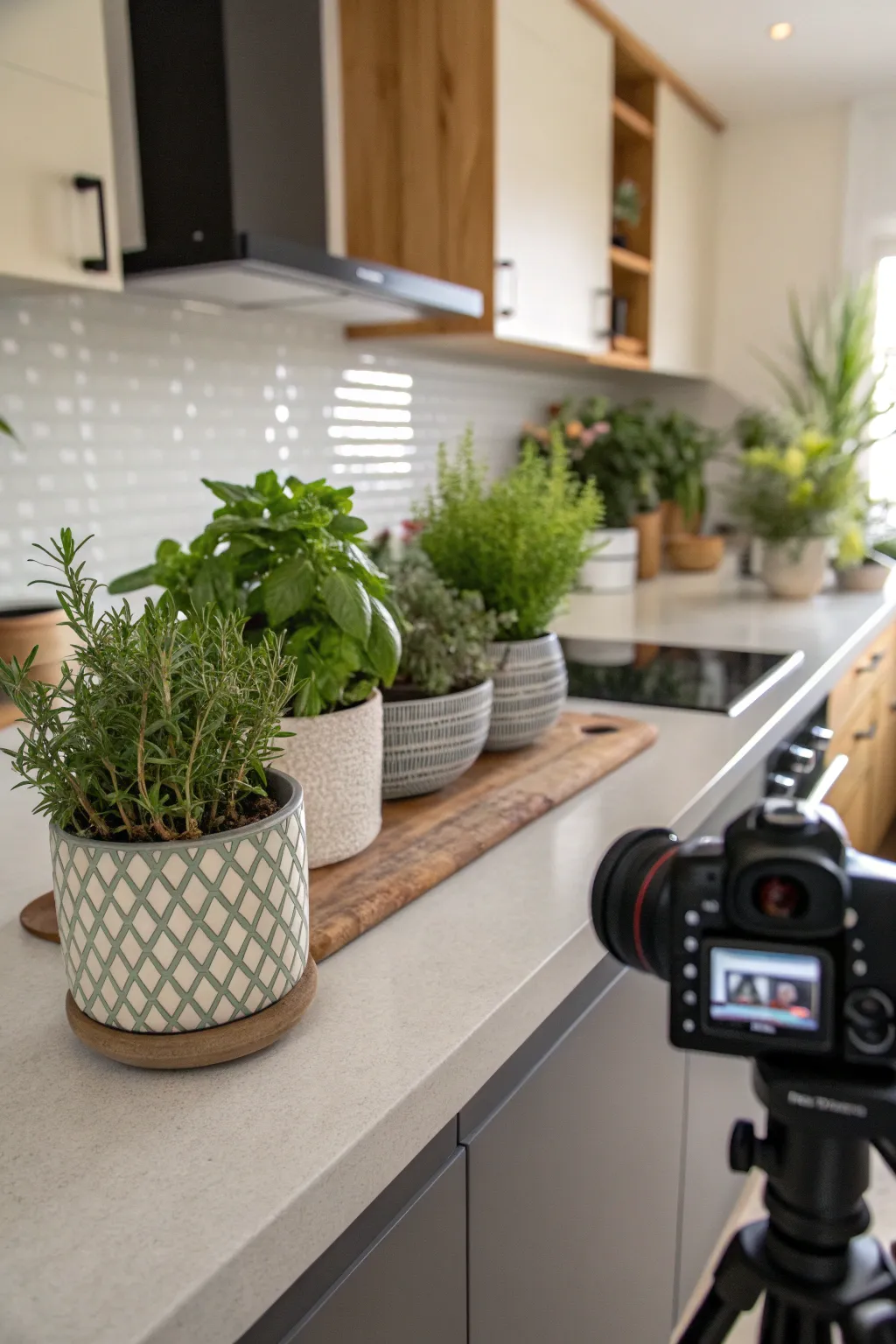Potted herbs arranged on a kitchen countertop, enhancing the bohemian style.