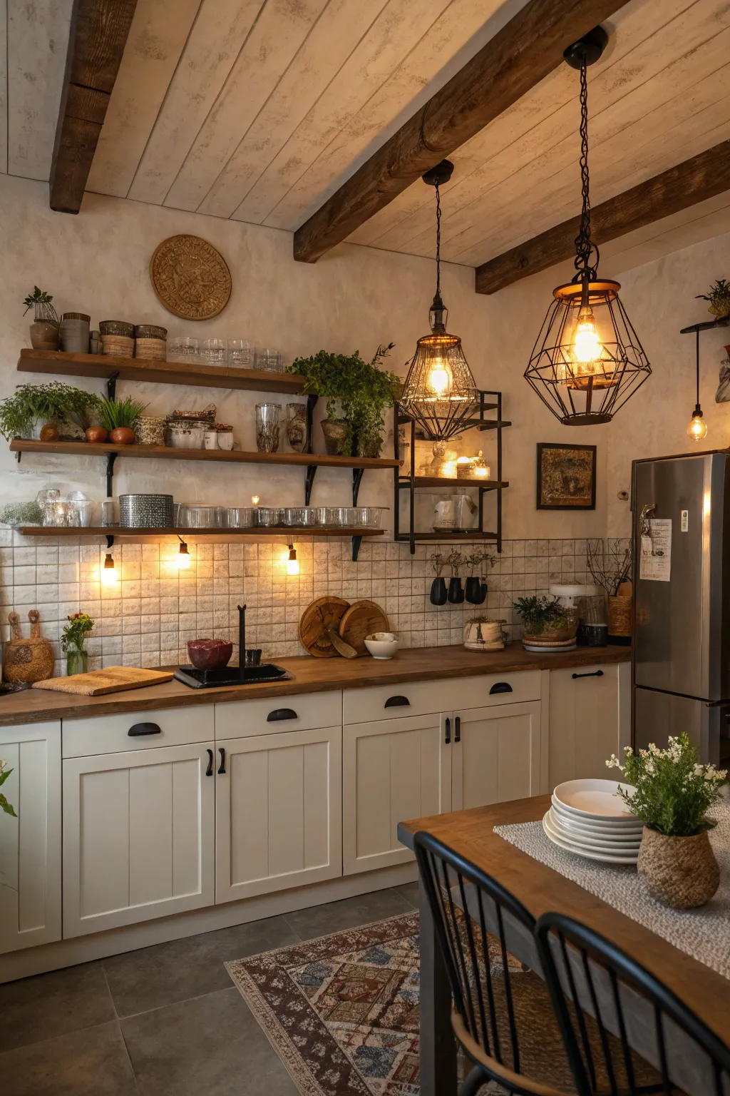 A cozy kitchen with layered lighting from pendant lights, sconces, and warm bulbs.
