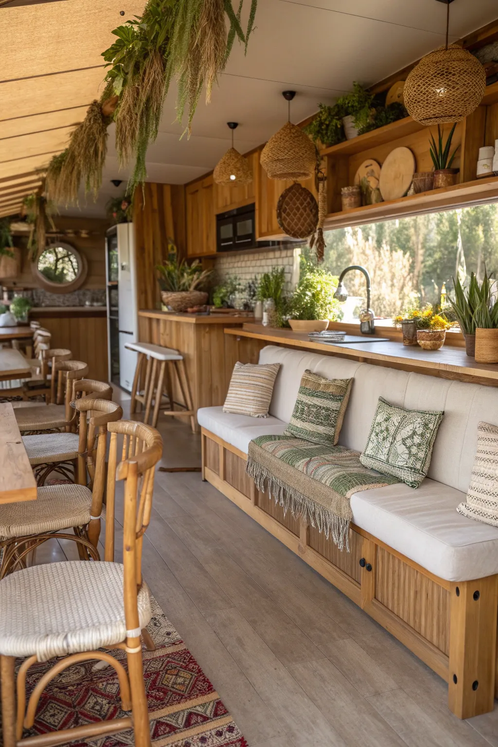 A boho kitchen with cushioned seating made from natural fabrics in earthy colors.