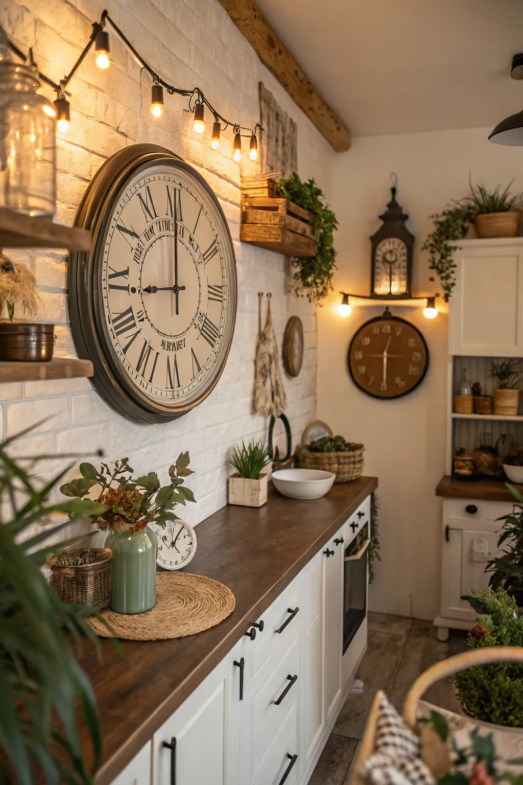 A vintage wall clock as a focal point in a cozy boho kitchen.