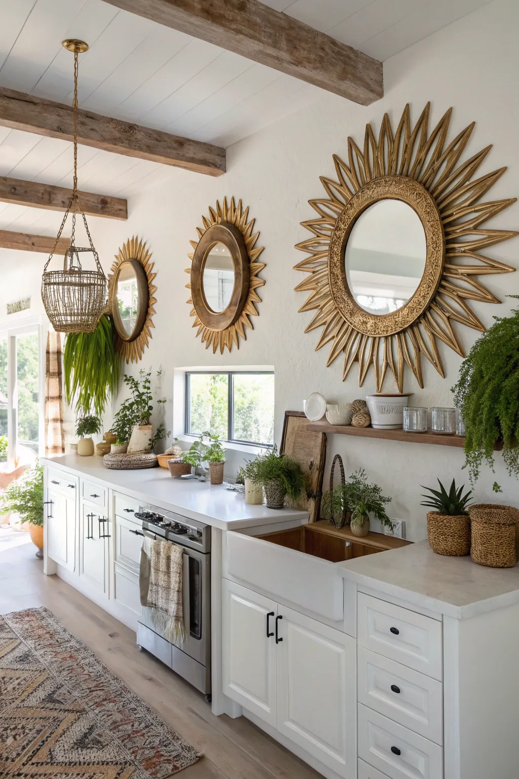 Sunburst mirrors in a boho kitchen reflecting light and enhancing space.
