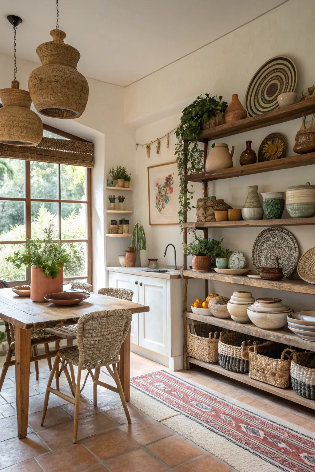 Unique statement pottery pieces displayed in a cozy boho kitchen.