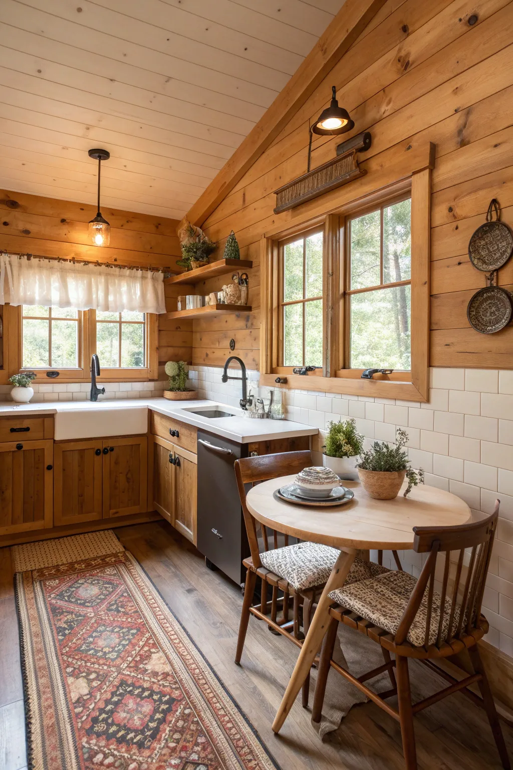 A cozy boho kitchen featuring wooden cabinets, a farmhouse sink, and plants.