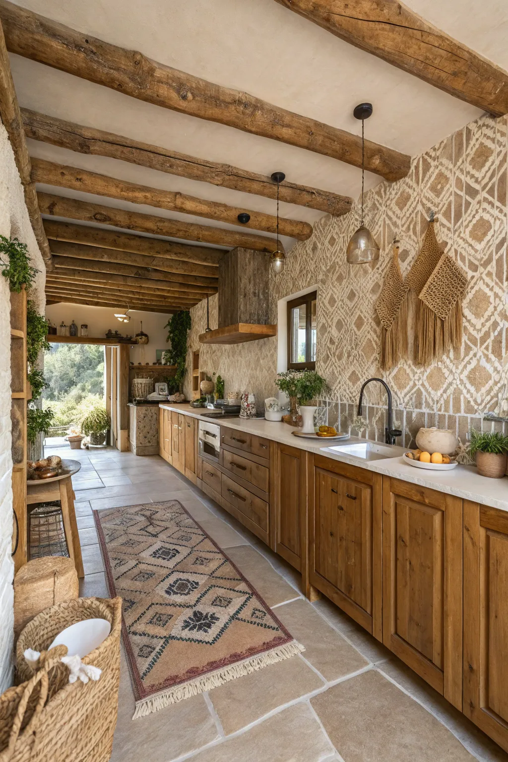 A boho kitchen filled with natural textures like wood, stone, and woven fabrics.